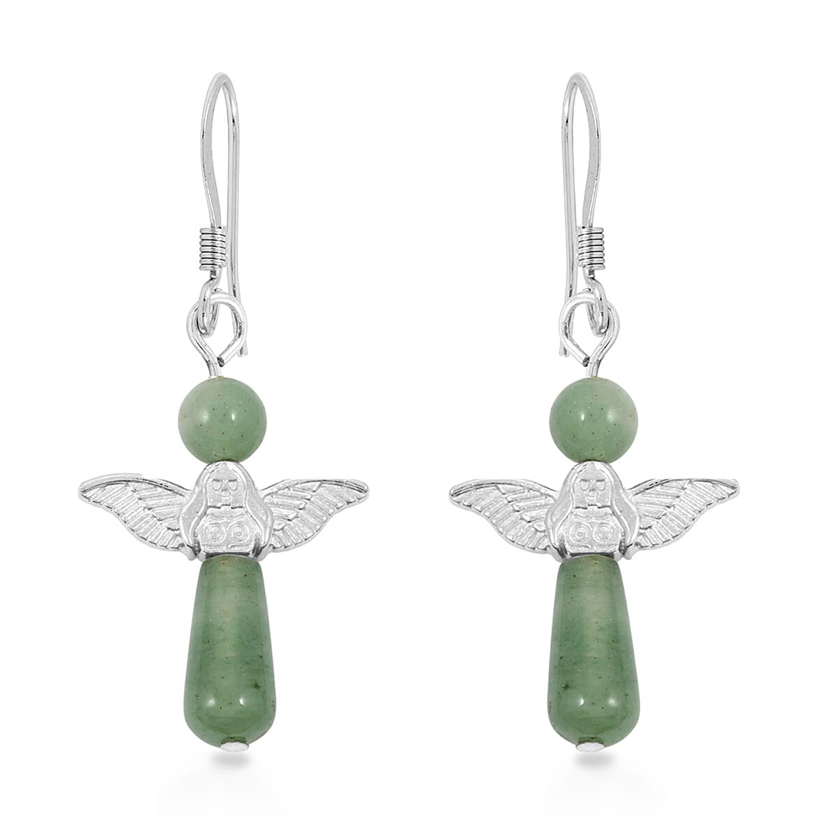 Green Aventurine Angel Adjustable Black Cord Necklace (14 Inches) and Earrings in Silvertone 28.50 ctw