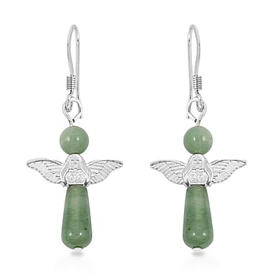 Green Aventurine Angel Adjustable Black Cord Necklace (14 Inches) and Earrings in Silvertone 28.50 ctw