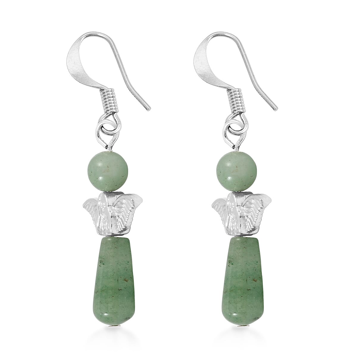 Green Aventurine Angel Adjustable Black Cord Necklace (14 Inches) and Earrings in Silvertone 28.50 ctw