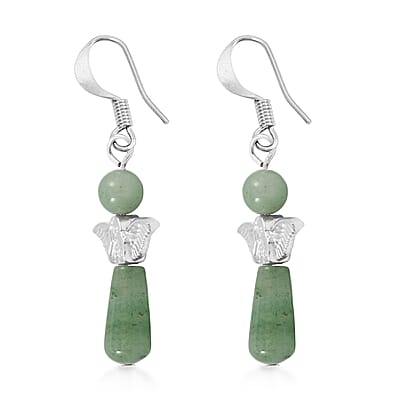 Green Aventurine Angel Adjustable Black Cord Necklace (14 Inches) and Earrings in Silvertone 28.50 ctw
