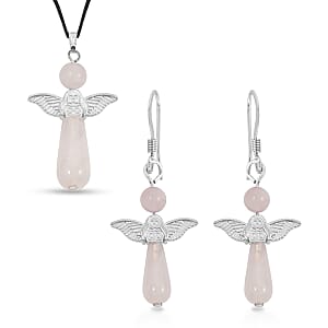2 Piece Set - Rose Quartz Angel Adjustable Black Cord Necklace (14 Inches) and Earrings in Silvertone 28.50 ctw