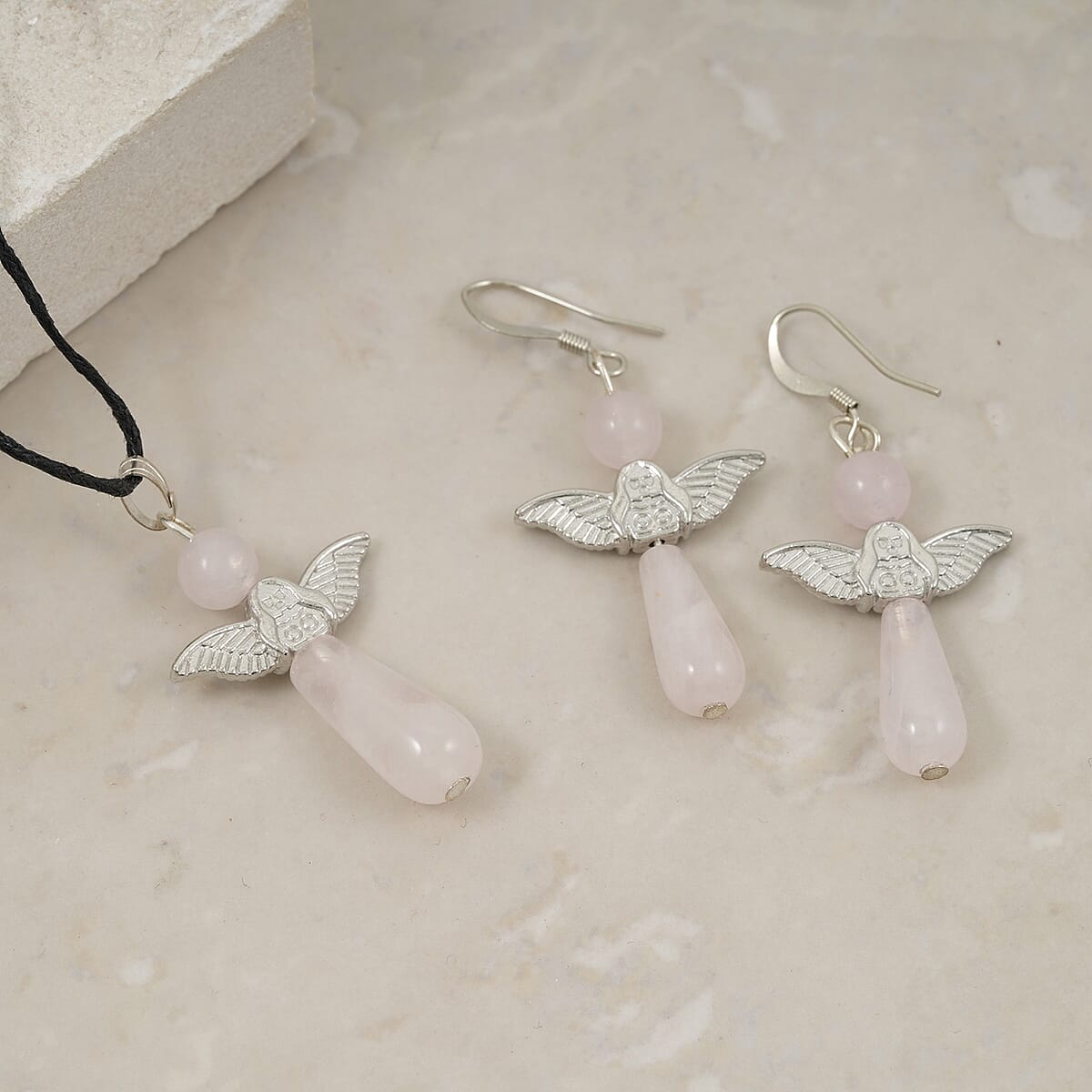 2 Piece Set - Rose Quartz Angel Adjustable Black Cord Necklace (14 Inches) and Earrings in Silvertone 28.50 ctw image number 1