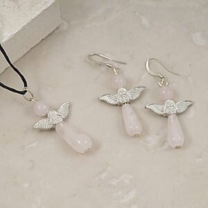 2 Piece Set - Rose Quartz Angel Adjustable Black Cord Necklace (14 Inches) and Earrings in Silvertone 28.50 ctw
