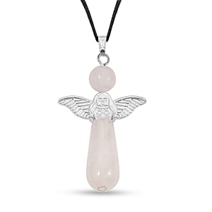 2 Piece Set - Rose Quartz Angel Adjustable Black Cord Necklace (14 Inches) and Earrings in Silvertone 28.50 ctw
