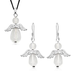2 Piece Set - Lab Created Crystal Angel Adjustable Black Cord Necklace (14 Inches) and Earrings in Silvertone 27.00 ctw