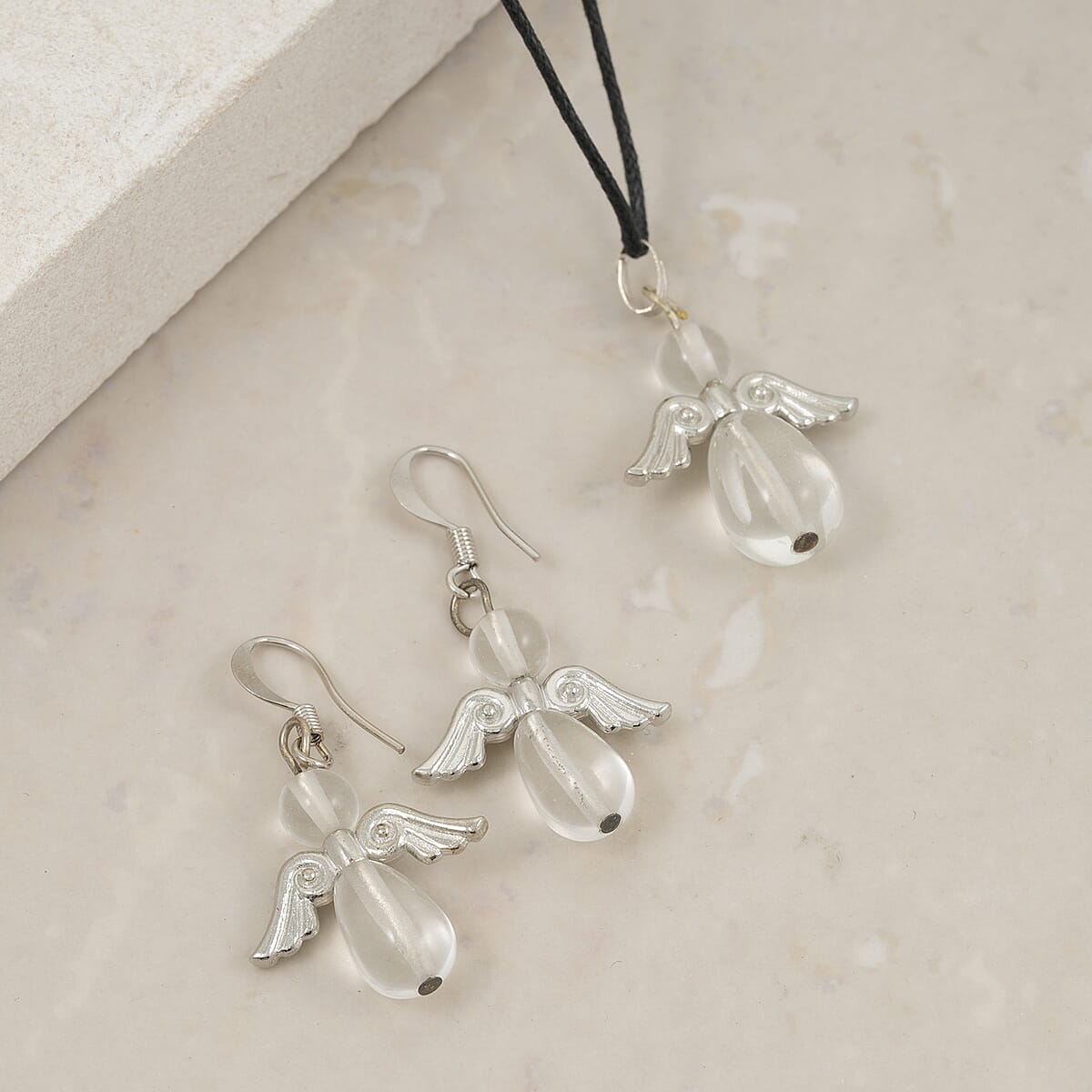 2 Piece Set - Lab Created Crystal Angel Adjustable Black Cord Necklace (14 Inches) and Earrings in Silvertone 27.00 ctw image number 1