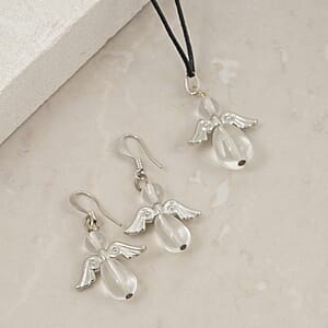 2 Piece Set - Lab Created Crystal Angel Adjustable Black Cord Necklace (14 Inches) and Earrings in Silvertone 27.00 ctw