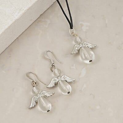 2 Piece Set - Lab Created Crystal Angel Adjustable Black Cord Necklace (14 Inches) and Earrings in Silvertone 27.00 ctw