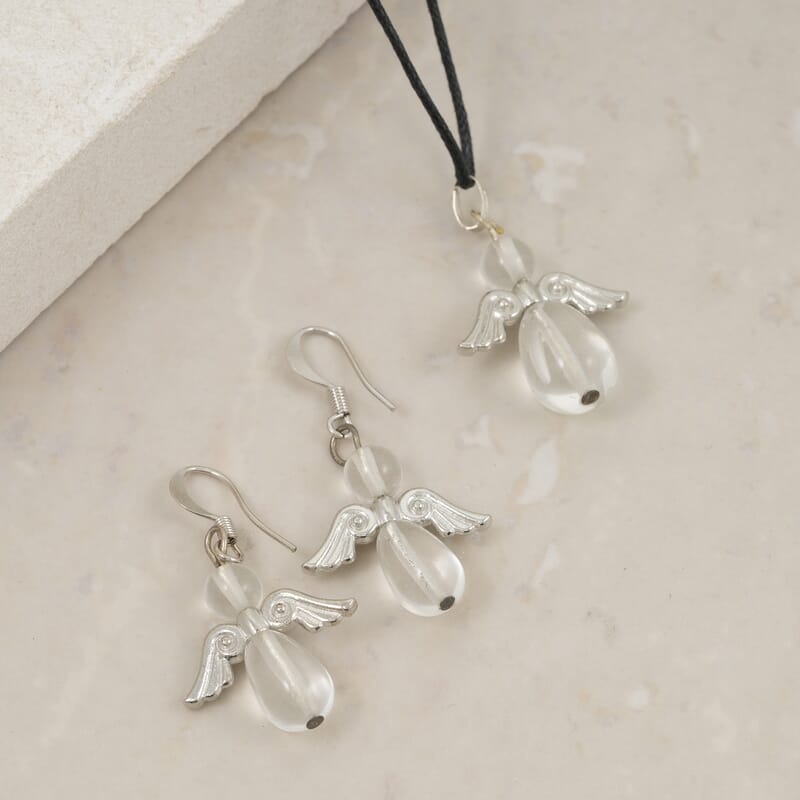 2 Piece Set - Lab Created Crystal Angel Adjustable Black Cord Necklace (14 Inches) and Earrings in Silvertone 27.00 ctw