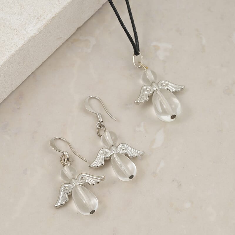 2 Piece Set - Lab Created Crystal Angel Adjustable Black Cord Necklace (14 Inches) and Earrings in Silvertone 27.00 ctw