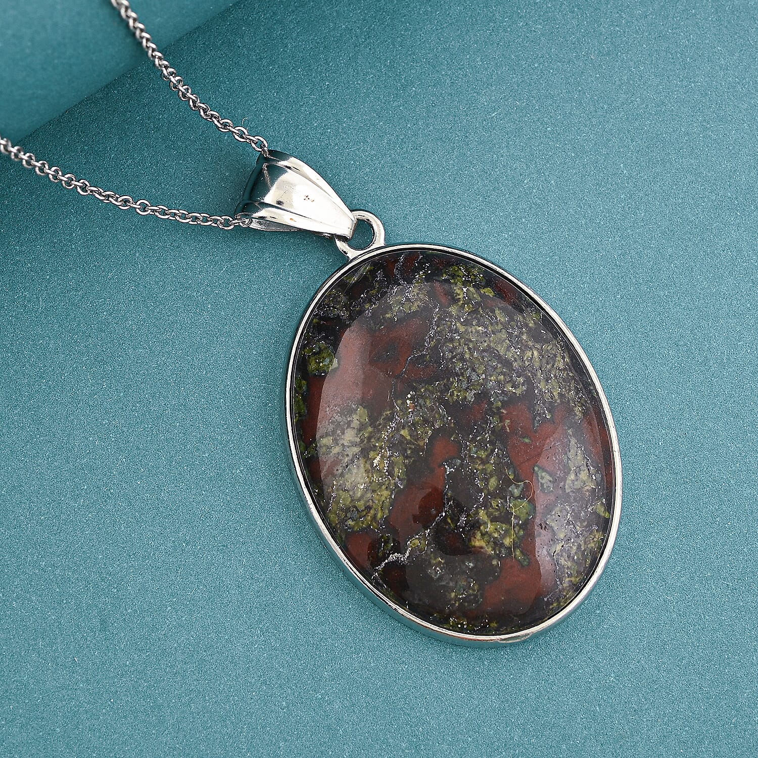 Dragon Blood Jasper Inlay Frame Pendant Necklace (20 Inches) in Stainless Steel 62.00 ctw