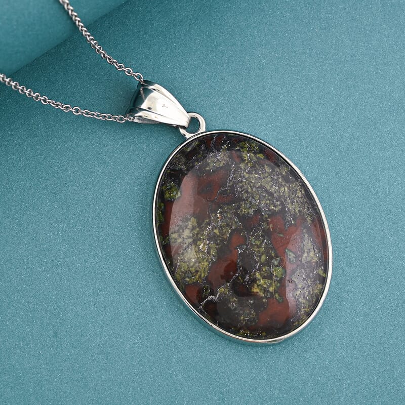 Dragon Blood Jasper Inlay Frame Pendant Necklace (20 Inches) in Stainless Steel 62.00 ctw