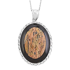 Bradiopods Fossil, Blackstone Pendant Necklace (20 Inches) in Stainless Steel 46.00 ctw