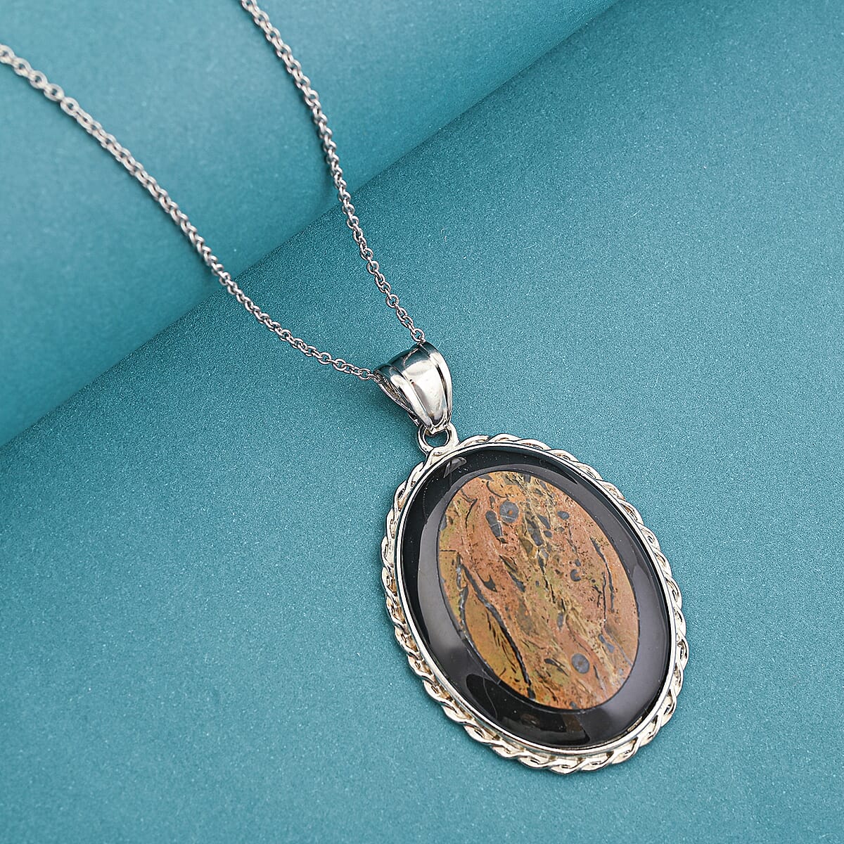 Bradiopods Fossil, Blackstone Pendant Necklace (20 Inches) in Stainless Steel 46.00 ctw image number 1