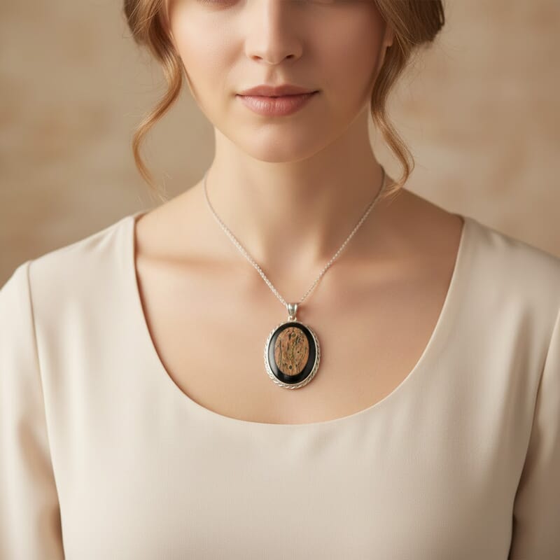 Bradiopods Fossil, Blackstone Pendant Necklace (20 Inches) in Stainless Steel 46.00 ctw