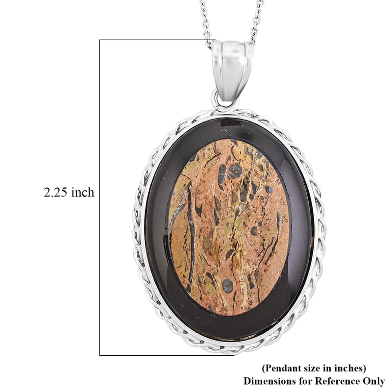 Bradiopods Fossil, Blackstone Pendant Necklace (20 Inches) in Stainless Steel 46.00 ctw