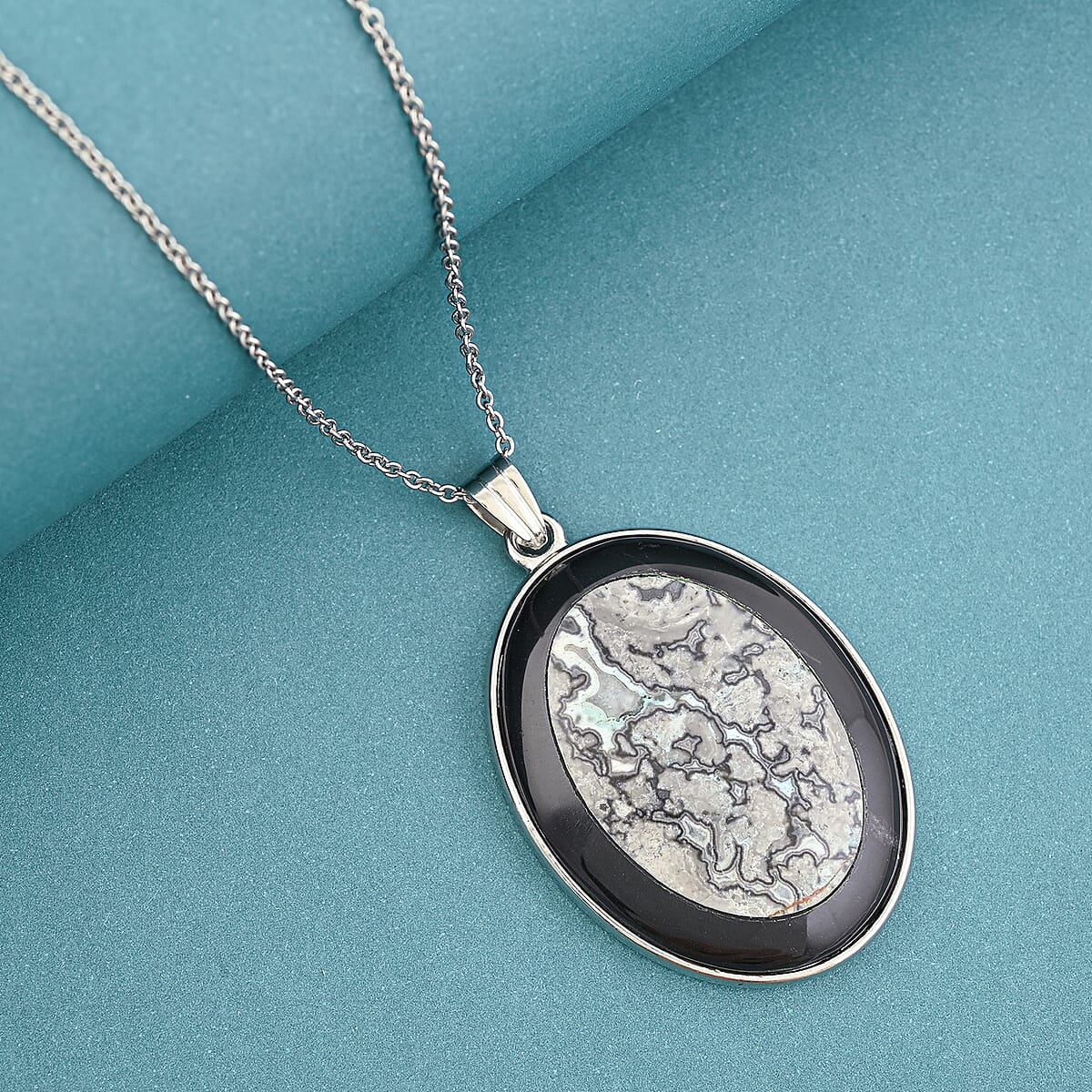 Black Jasper and Blackstone Pendant Necklace (20 Inches) in Stainless Steel 46.00 ctw image number 1