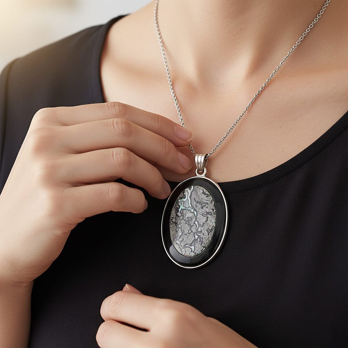 Black Jasper and Blackstone Pendant Necklace (20 Inches) in Stainless Steel 46.00 ctw image number 2