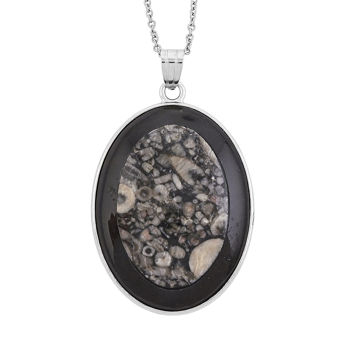 Insect Fossil Jasper and Black Agate 44.00 ctw Pendant in Silvertone with Stainless Steel Necklace 20 Inches