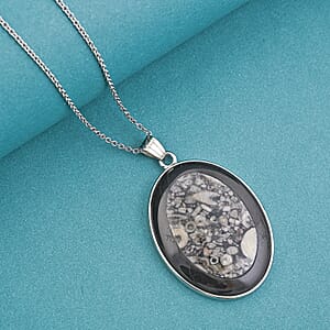Insect Fossil Jasper and Black Agate 44.00 ctw Pendant in Silvertone with Stainless Steel Necklace 20 Inches