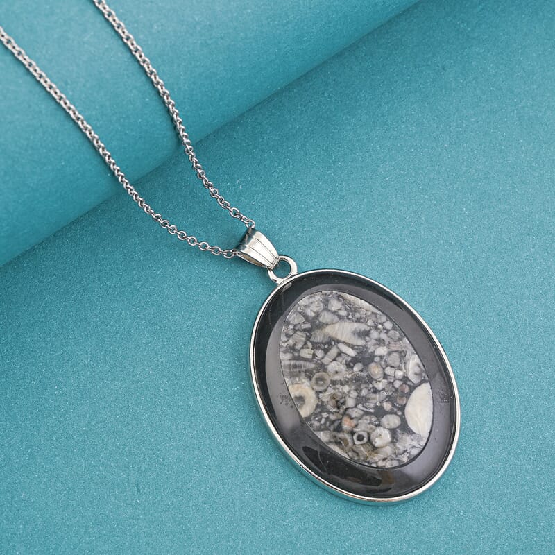 Insect Fossil Jasper and Black Agate 44.00 ctw Pendant in Silvertone with Stainless Steel Necklace 20 Inches