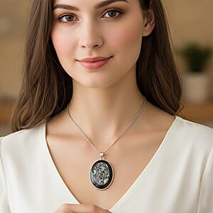 Insect Fossil Jasper and Black Agate 44.00 ctw Pendant in Silvertone with Stainless Steel Necklace 20 Inches