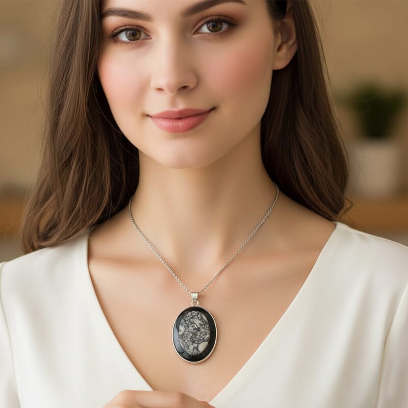 Insect Fossil Jasper and Black Agate 44.00 ctw Pendant in Silvertone with Stainless Steel Necklace 20 Inches