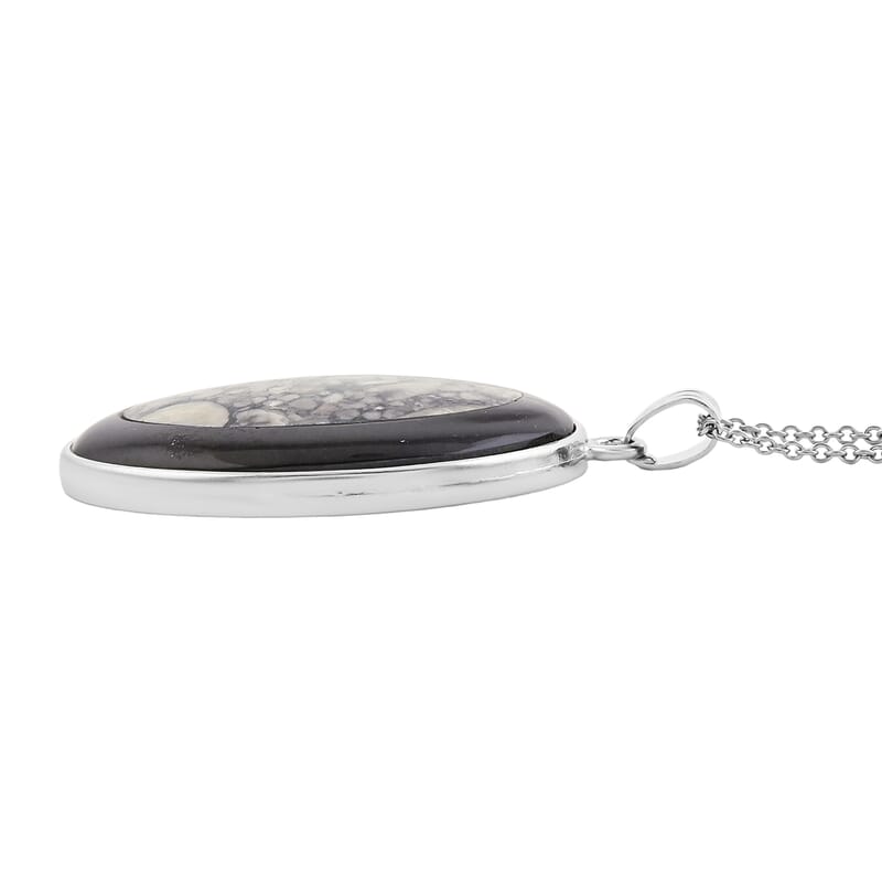 Insect Fossil Jasper and Black Agate 44.00 ctw Pendant in Silvertone with Stainless Steel Necklace 20 Inches