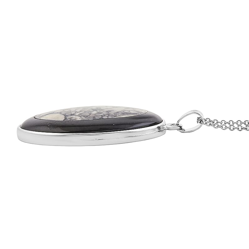 Insect Fossil Jasper and Black Agate 44.00 ctw Pendant in Silvertone with Stainless Steel Necklace 20 Inches