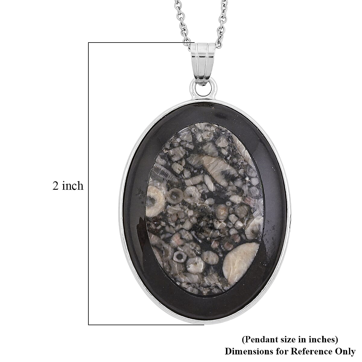 Insect Fossil Jasper and Black Agate 44.00 ctw Pendant in Silvertone with Stainless Steel Necklace 20 Inches image number 5