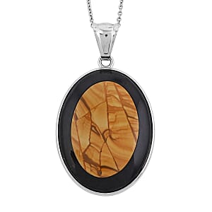 Scenic Jasper and Black Agate 48.00 ctw Pendant in Silvertone with Stainless Steel Necklace 20 Inches