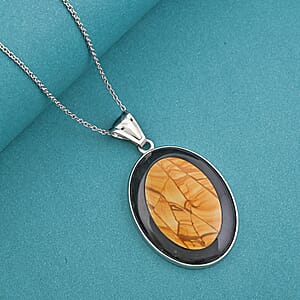 Scenic Jasper and Black Agate 48.00 ctw Pendant in Silvertone with Stainless Steel Necklace 20 Inches