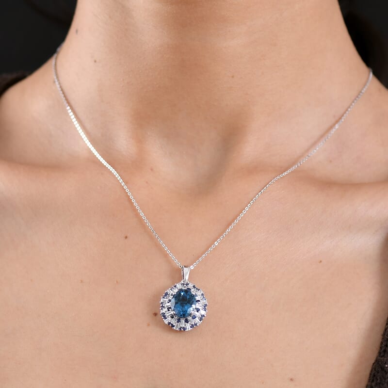 D'Joy London Blue Topaz and Multi Gemstone 6.75 ctw Pendant Necklace in Rhodium Over Sterling Silver 20 Inches 