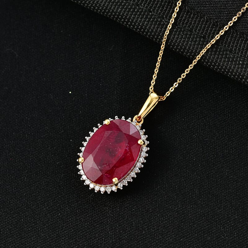 Premium Niassa Ruby and Luxuriant Lab Grown Diamond 20.70 ctw Pendant Necklace in 18K Vermeil Yellow Gold Over Sterling Silver 20 Inches