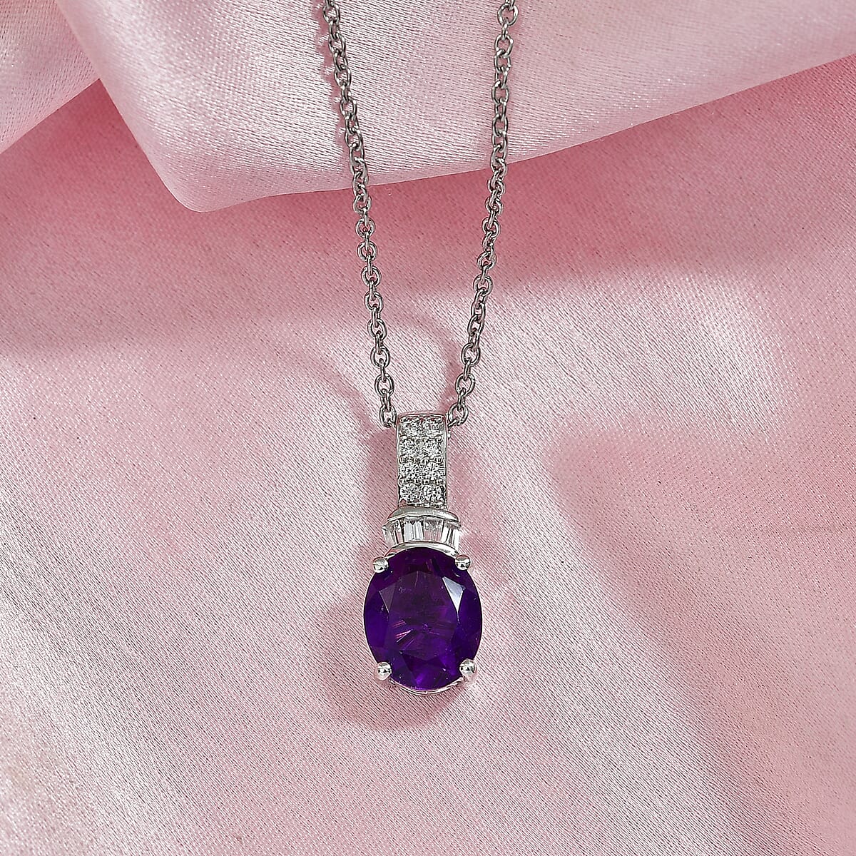 EverTrue African Amethyst, White Zircon Pendant in Platinum Bond with Stainless Steel Necklace (20 Inches) 3.40 ctw image number 1