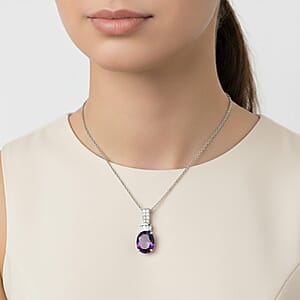 EverTrue African Amethyst, White Zircon Pendant in Platinum Bond with Stainless Steel Necklace (20 Inches) 3.40 ctw