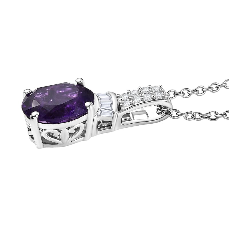 EverTrue African Amethyst and White Zircon 3.40 ctw Pendant in Platinum Bond with Stainless Steel Necklace 20 Inches