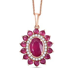 D'Joy Premium Niassa Ruby (FF) and Moissanite 5.50 ctw Crown Heart Halo Pendant Necklace in 18K Vermeil Rose Gold Over Sterling Silver 20 Inches 