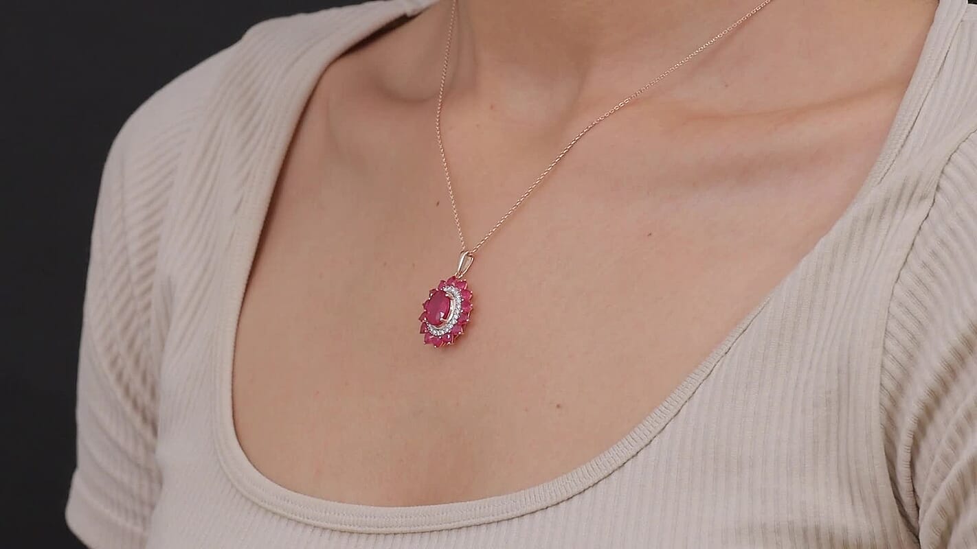 D'Joy Premium Niassa Ruby (FF) and Moissanite 5.50 ctw Crown Heart Halo Pendant Necklace in 18K Vermeil Rose Gold Over Sterling Silver 20 Inches