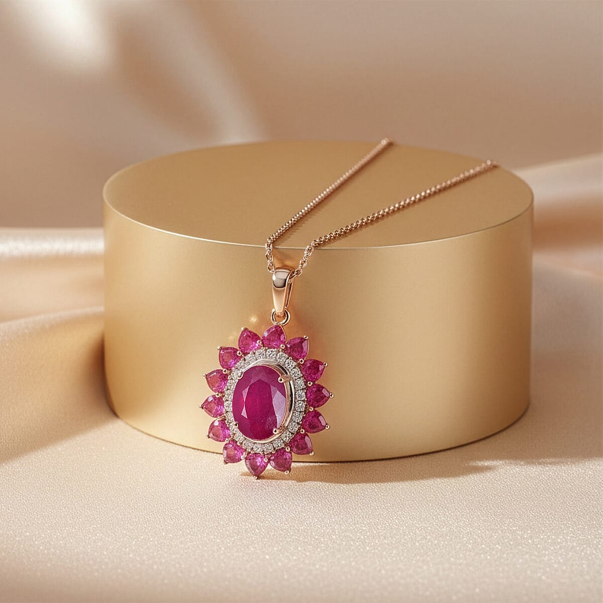 D'Joy Premium Niassa Ruby (FF) and Moissanite 5.50 ctw Crown Heart Halo Pendant Necklace in 18K Vermeil Rose Gold Over Sterling Silver 20 Inches  image number 1