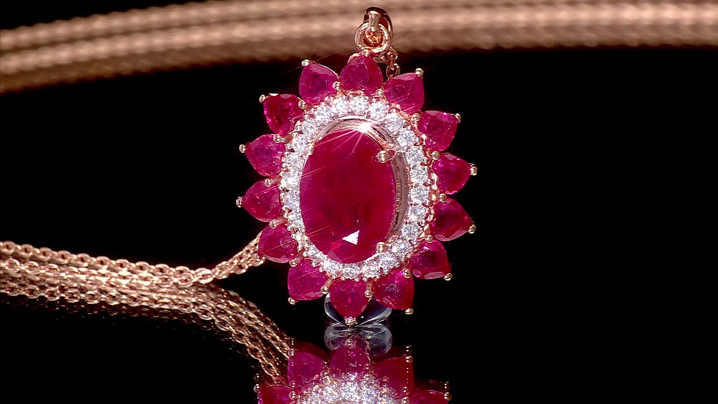 D'Joy Premium Niassa Ruby (FF) and Moissanite 5.50 ctw Crown Heart Halo Pendant Necklace in 18K Vermeil Rose Gold Over Sterling Silver 20 Inches