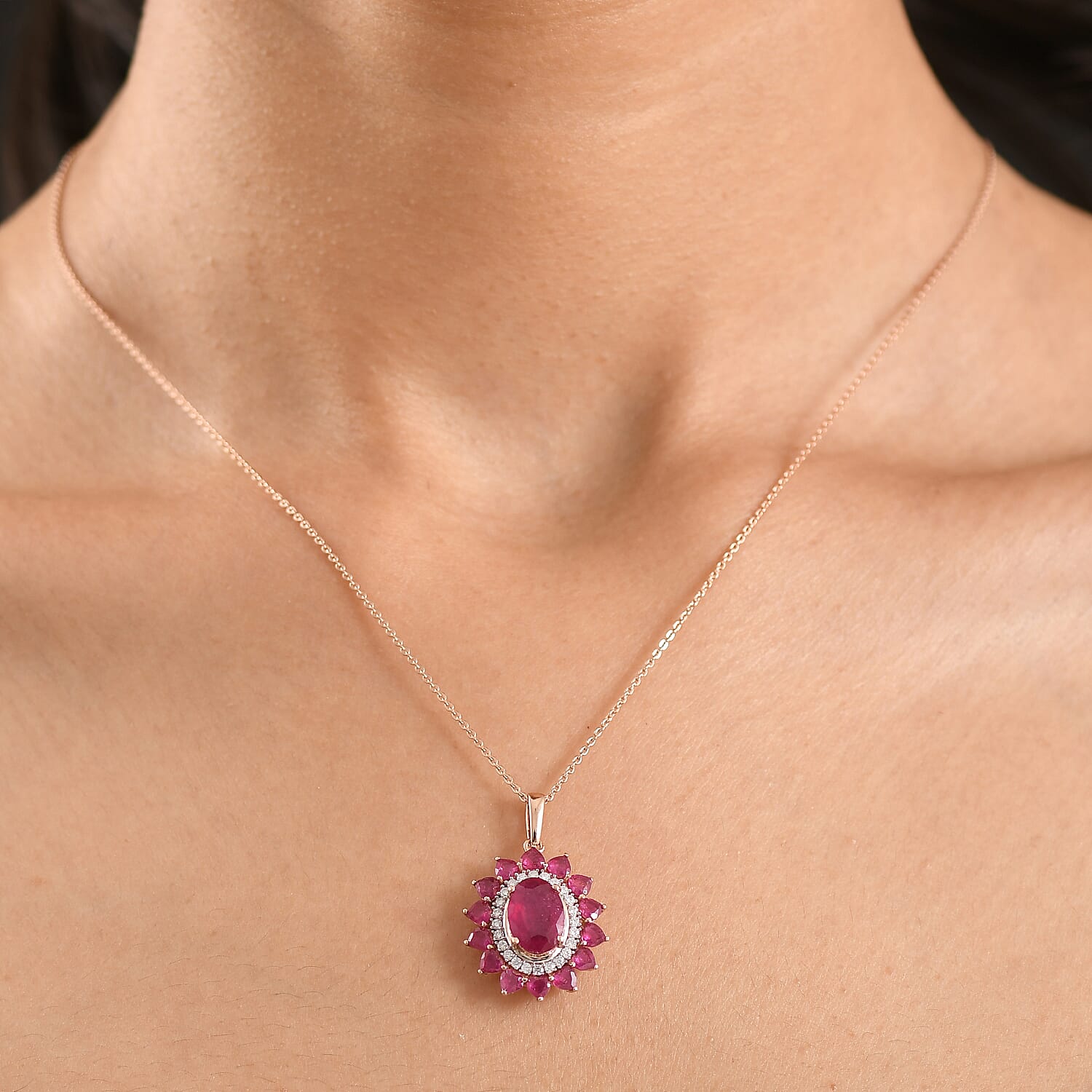 D'Joy Premium Niassa Ruby (FF) and Moissanite 5.50 ctw Crown Heart Halo Pendant Necklace in 18K Vermeil Rose Gold Over Sterling Silver 20 Inches
