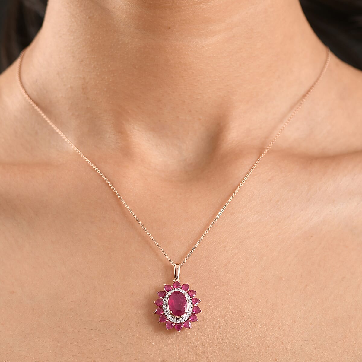 D'Joy Premium Niassa Ruby (FF) and Moissanite 5.50 ctw Crown Heart Halo Pendant Necklace in 18K Vermeil Rose Gold Over Sterling Silver 20 Inches  image number 2