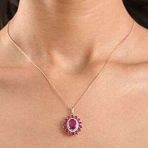 D'Joy Premium Niassa Ruby (FF) and Moissanite 5.50 ctw Crown Heart Halo Pendant Necklace in 18K Vermeil Rose Gold Over Sterling Silver 20 Inches 