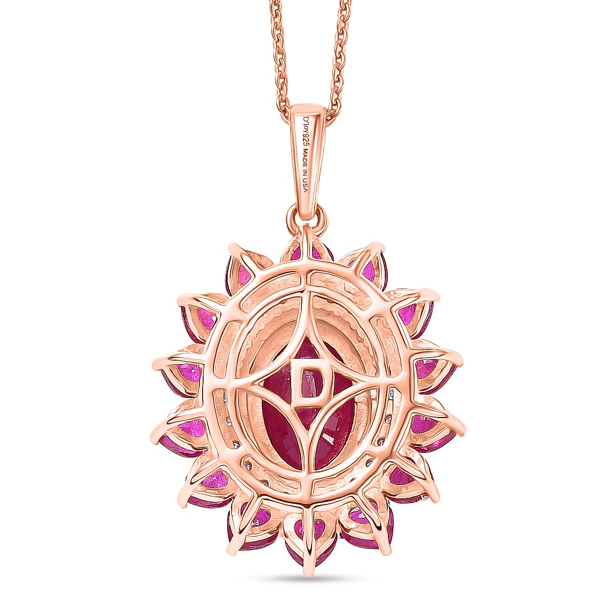 D'Joy Premium Niassa Ruby (FF) and Moissanite 5.50 ctw Crown Heart Halo Pendant Necklace in 18K Vermeil Rose Gold Over Sterling Silver 20 Inches