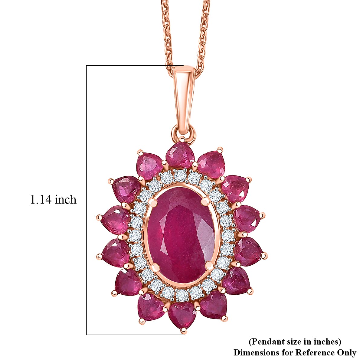 D'Joy Premium Niassa Ruby (FF) and Moissanite 5.50 ctw Crown Heart Halo Pendant Necklace in 18K Vermeil Rose Gold Over Sterling Silver 20 Inches