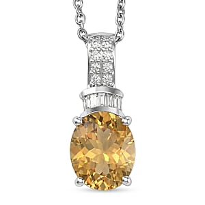 EverTrue Brazilian Citrine and White Zircon 3.85 ctw Pendant in Platinum Bond with Stainless Steel Necklace 20 Inches