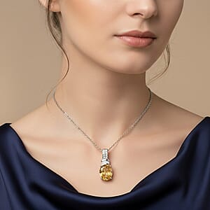 EverTrue Brazilian Citrine and White Zircon 3.85 ctw Pendant in Platinum Bond with Stainless Steel Necklace 20 Inches
