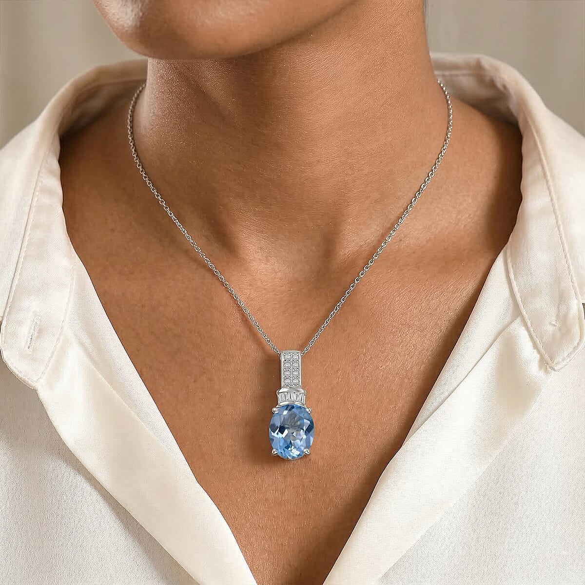 EverTrue Sky Blue Topaz and White Zircon 4.70 ctw Pendant in Platinum Bond with Stainless Steel Necklace 20 Inches image number 2