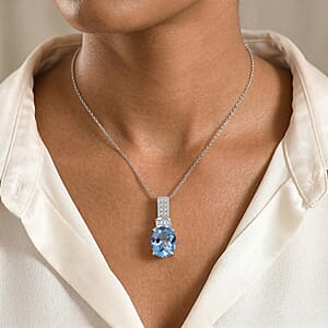 EverTrue Sky Blue Topaz and White Zircon 4.70 ctw Pendant in Platinum Bond with Stainless Steel Necklace 20 Inches